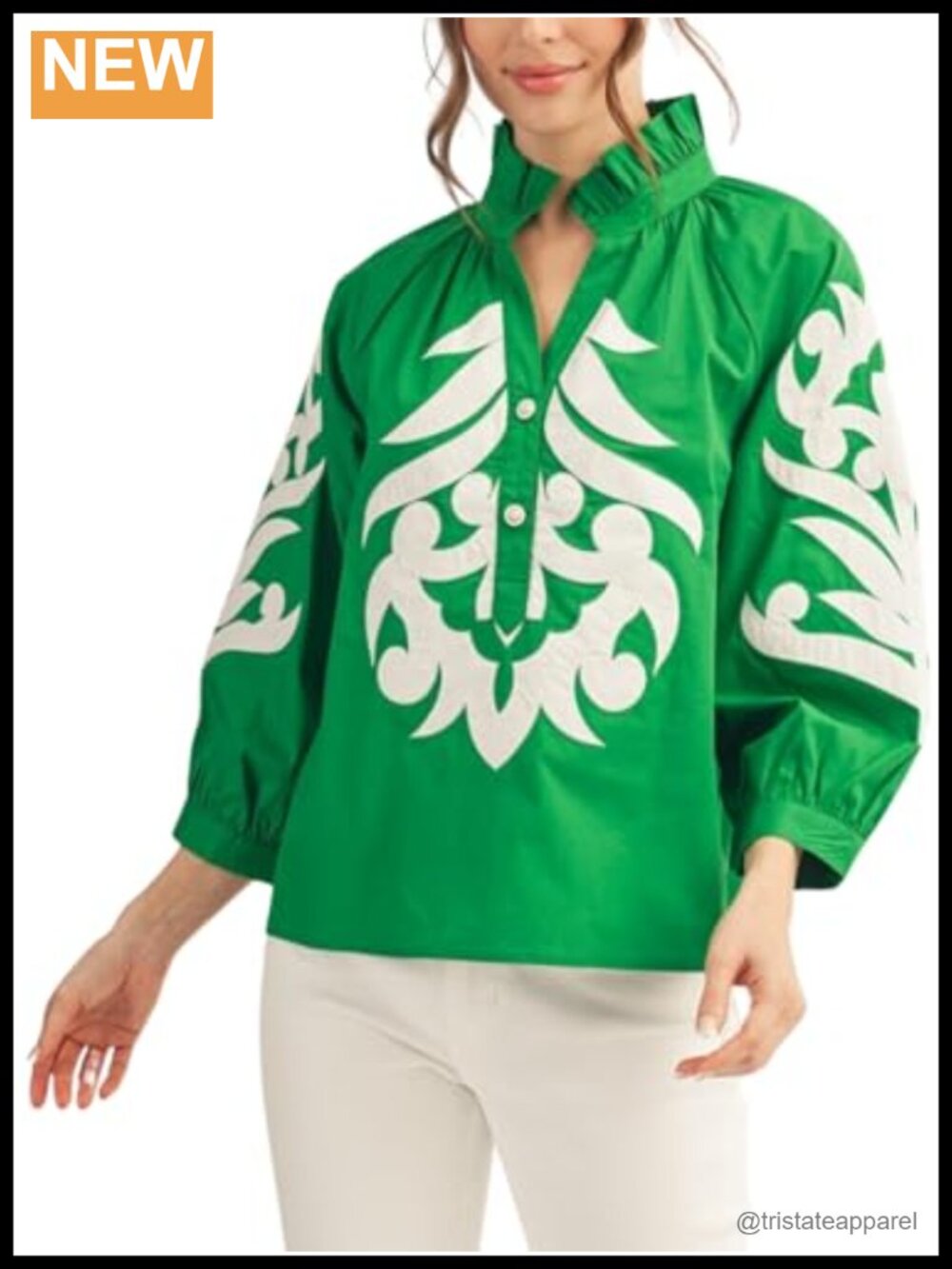 Boho Floral Embroidered V-Neck 3/4 Puff Sleeve Blouse Top